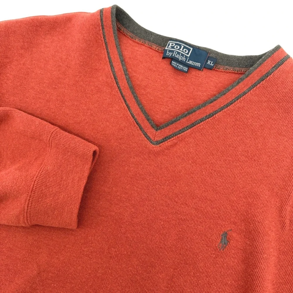 Vintage Polo Ralph Lauren Sweater Men XL Orange V-Neck Cotton Knit Pullover Pony